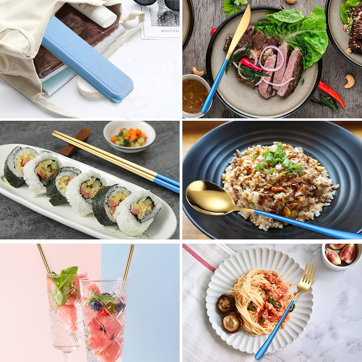 6 Pieces 18/8 Stainless Steel Flatware Set Portable Reusable Cutlery Set Travel Utensils Set Including Chopsticks Knife Fork Spoon Straws Cleaning Brush Dishwasher Safe (Rose Gold)
