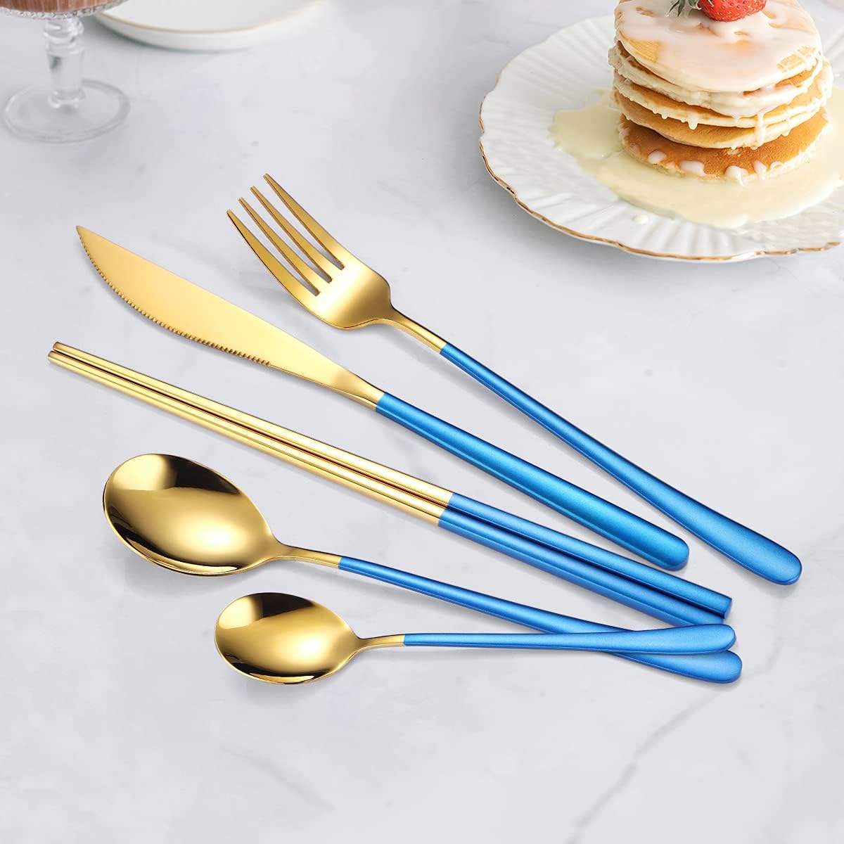 6 Pieces 18/8 Stainless Steel Flatware Set Portable Reusable Cutlery Set Travel Utensils Set Including Chopsticks Knife Fork Spoon Straws Cleaning Brush Dishwasher Safe (Rose Gold)
