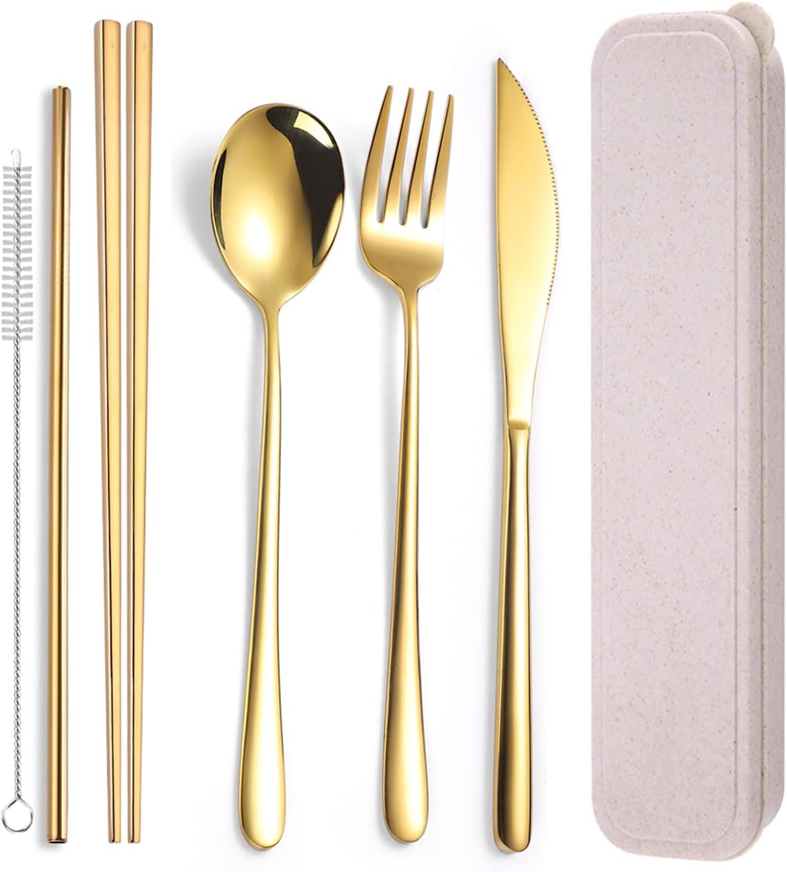 6 Pieces 18/8 Stainless Steel Flatware Set Portable Reusable Cutlery Set Travel Utensils Set Including Chopsticks Knife Fork Spoon Straws Cleaning Brush Dishwasher Safe (Rose Gold)