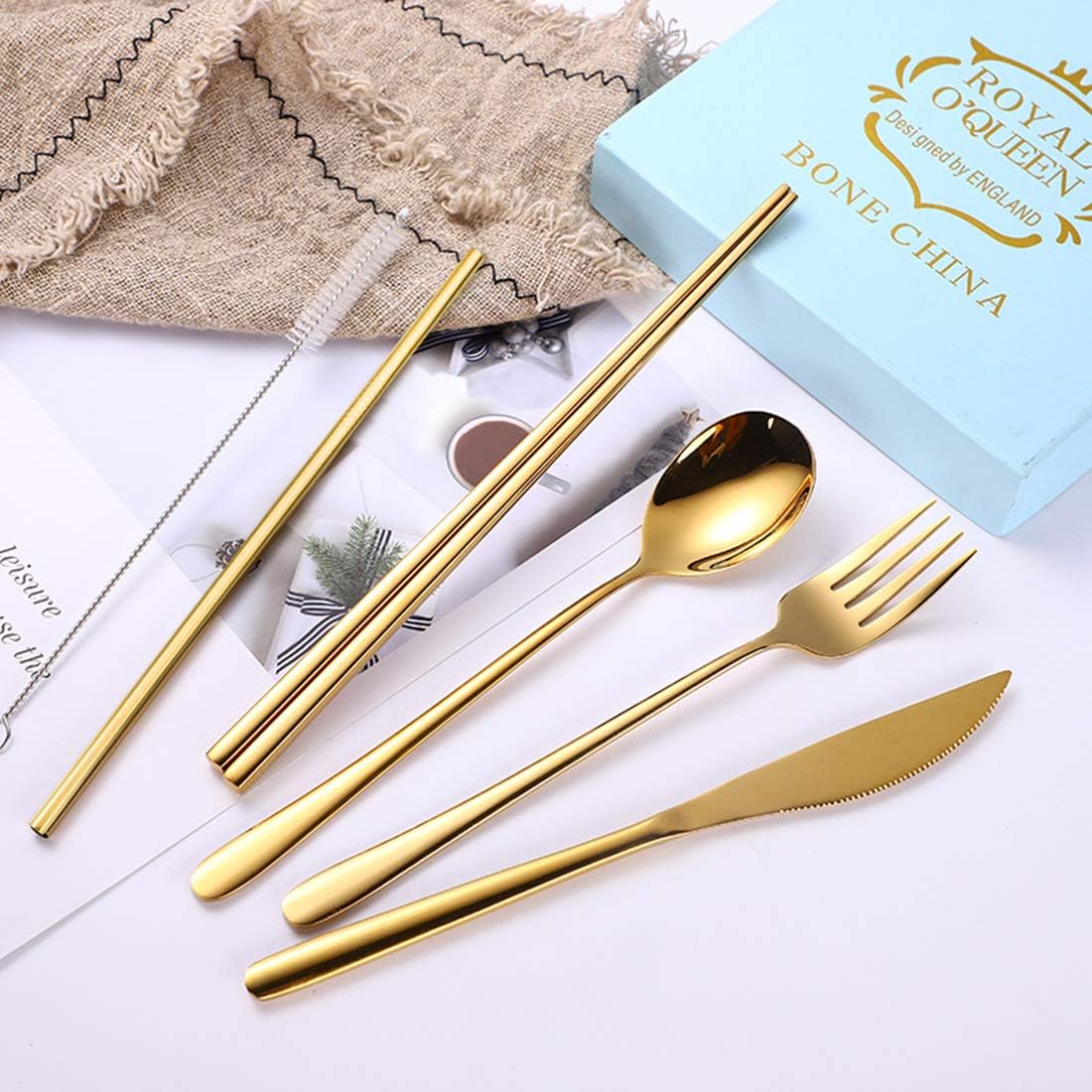 6 Pieces 18/8 Stainless Steel Flatware Set Portable Reusable Cutlery Set Travel Utensils Set Including Chopsticks Knife Fork Spoon Straws Cleaning Brush Dishwasher Safe (Rose Gold)