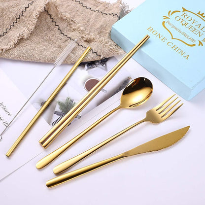 6 Pieces 18/8 Stainless Steel Flatware Set Portable Reusable Cutlery Set Travel Utensils Set Including Chopsticks Knife Fork Spoon Straws Cleaning Brush Dishwasher Safe (Rose Gold)