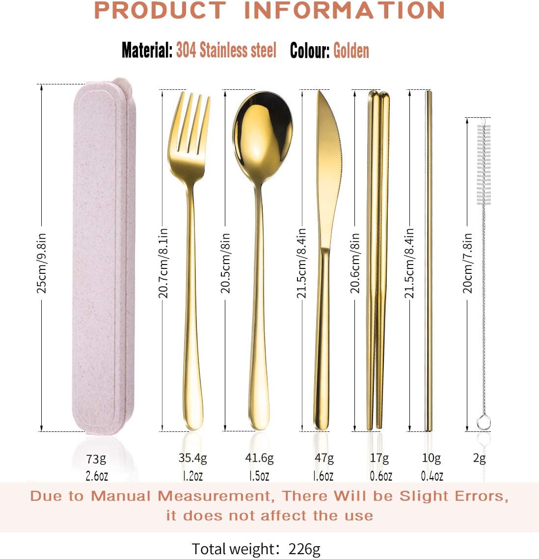 6 Pieces 18/8 Stainless Steel Flatware Set Portable Reusable Cutlery Set Travel Utensils Set Including Chopsticks Knife Fork Spoon Straws Cleaning Brush Dishwasher Safe (Rose Gold)