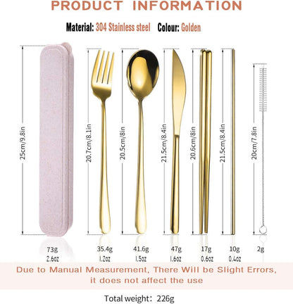 6 Pieces 18/8 Stainless Steel Flatware Set Portable Reusable Cutlery Set Travel Utensils Set Including Chopsticks Knife Fork Spoon Straws Cleaning Brush Dishwasher Safe (Rose Gold)