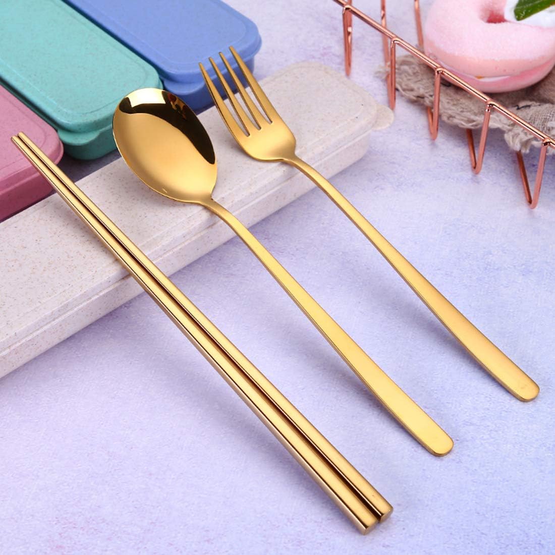 6 Pieces 18/8 Stainless Steel Flatware Set Portable Reusable Cutlery Set Travel Utensils Set Including Chopsticks Knife Fork Spoon Straws Cleaning Brush Dishwasher Safe (Rose Gold)