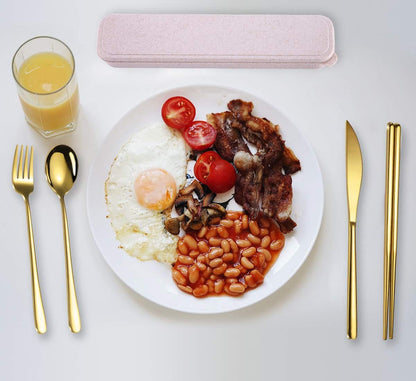 6 Pieces 18/8 Stainless Steel Flatware Set Portable Reusable Cutlery Set Travel Utensils Set Including Chopsticks Knife Fork Spoon Straws Cleaning Brush Dishwasher Safe (Rose Gold)