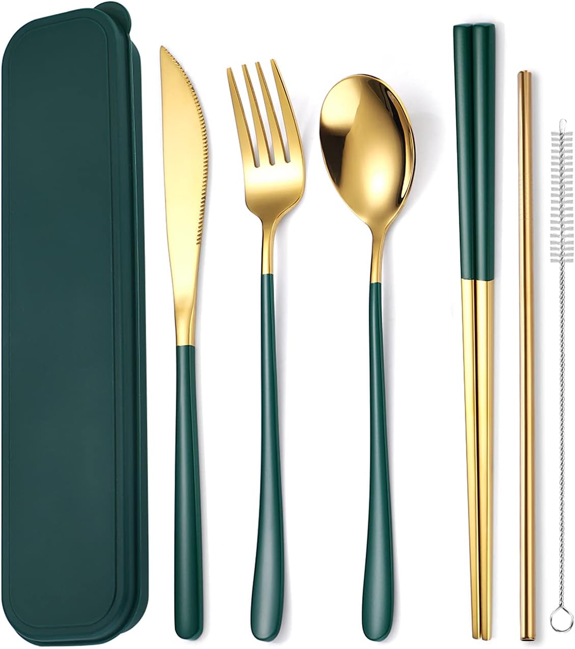 6 Pieces 18/8 Stainless Steel Flatware Set Portable Reusable Cutlery Set Travel Utensils Set Including Chopsticks Knife Fork Spoon Straws Cleaning Brush Dishwasher Safe (Rose Gold)