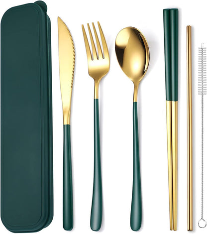 6 Pieces 18/8 Stainless Steel Flatware Set Portable Reusable Cutlery Set Travel Utensils Set Including Chopsticks Knife Fork Spoon Straws Cleaning Brush Dishwasher Safe (Rose Gold)