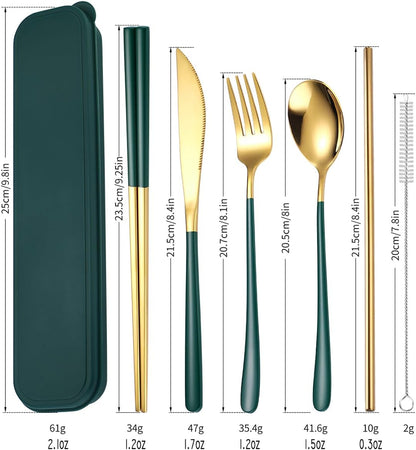 6 Pieces 18/8 Stainless Steel Flatware Set Portable Reusable Cutlery Set Travel Utensils Set Including Chopsticks Knife Fork Spoon Straws Cleaning Brush Dishwasher Safe (Rose Gold)