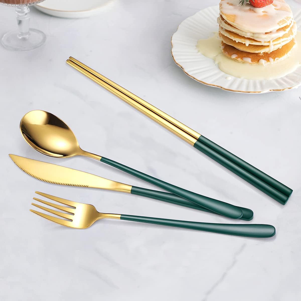 6 Pieces 18/8 Stainless Steel Flatware Set Portable Reusable Cutlery Set Travel Utensils Set Including Chopsticks Knife Fork Spoon Straws Cleaning Brush Dishwasher Safe (Rose Gold)
