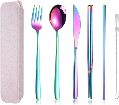 6 Pieces 18/8 Stainless Steel Flatware Set Portable Reusable Cutlery Set Travel Utensils Set Including Chopsticks Knife Fork Spoon Straws Cleaning Brush Dishwasher Safe (Rose Gold)
