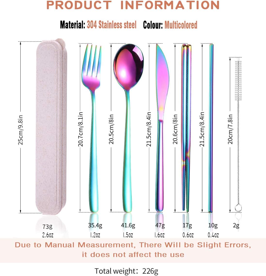6 Pieces 18/8 Stainless Steel Flatware Set Portable Reusable Cutlery Set Travel Utensils Set Including Chopsticks Knife Fork Spoon Straws Cleaning Brush Dishwasher Safe (Rose Gold)
