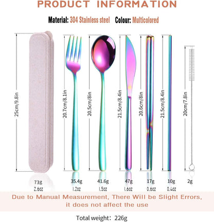 6 Pieces 18/8 Stainless Steel Flatware Set Portable Reusable Cutlery Set Travel Utensils Set Including Chopsticks Knife Fork Spoon Straws Cleaning Brush Dishwasher Safe (Rose Gold)