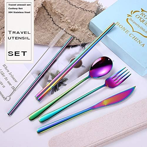 6 Pieces 18/8 Stainless Steel Flatware Set Portable Reusable Cutlery Set Travel Utensils Set Including Chopsticks Knife Fork Spoon Straws Cleaning Brush Dishwasher Safe (Rose Gold)