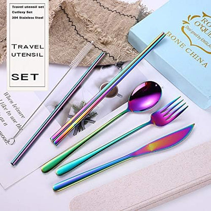 6 Pieces 18/8 Stainless Steel Flatware Set Portable Reusable Cutlery Set Travel Utensils Set Including Chopsticks Knife Fork Spoon Straws Cleaning Brush Dishwasher Safe (Rose Gold)