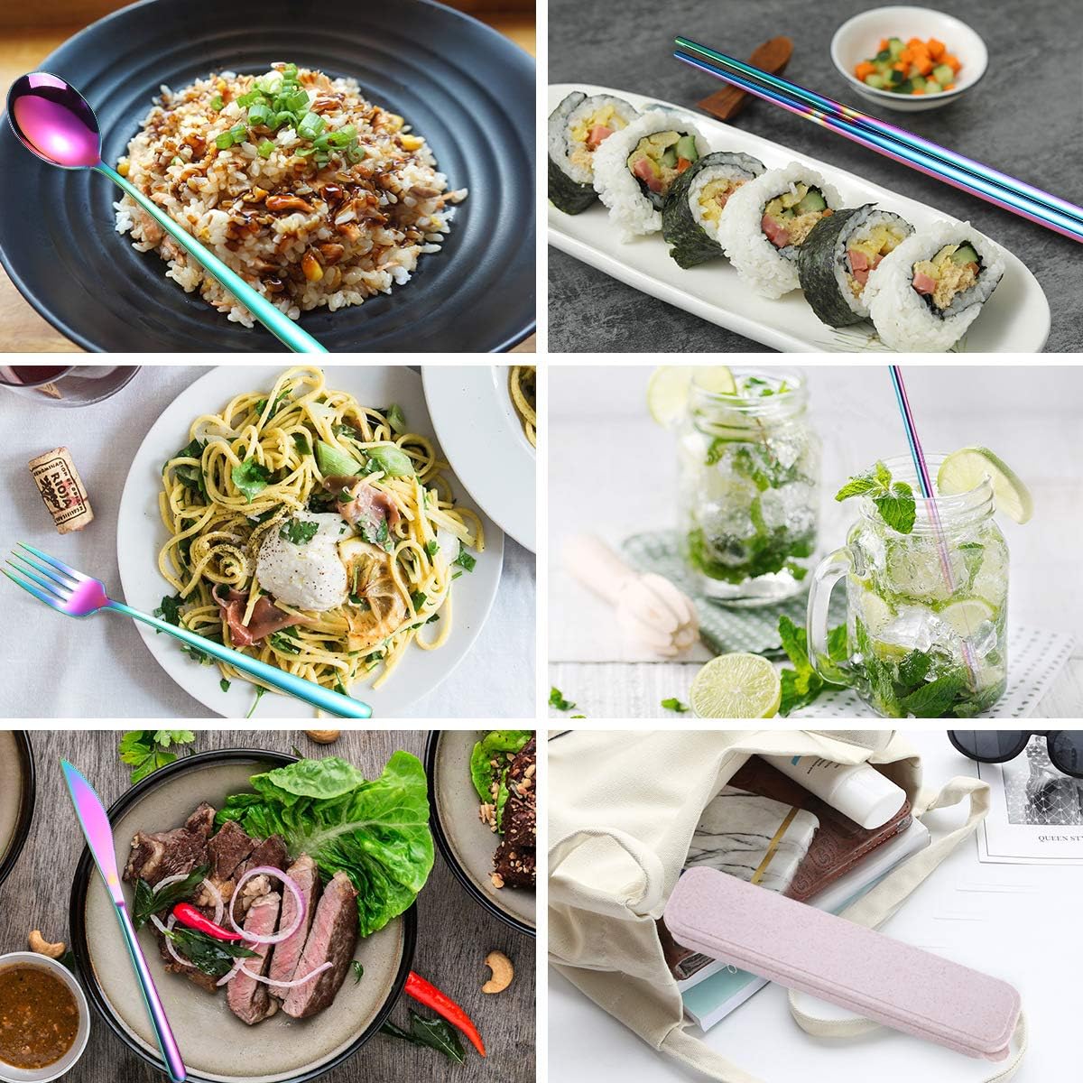6 Pieces 18/8 Stainless Steel Flatware Set Portable Reusable Cutlery Set Travel Utensils Set Including Chopsticks Knife Fork Spoon Straws Cleaning Brush Dishwasher Safe (Rose Gold)
