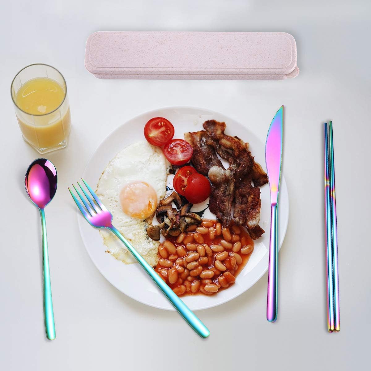 6 Pieces 18/8 Stainless Steel Flatware Set Portable Reusable Cutlery Set Travel Utensils Set Including Chopsticks Knife Fork Spoon Straws Cleaning Brush Dishwasher Safe (Rose Gold)