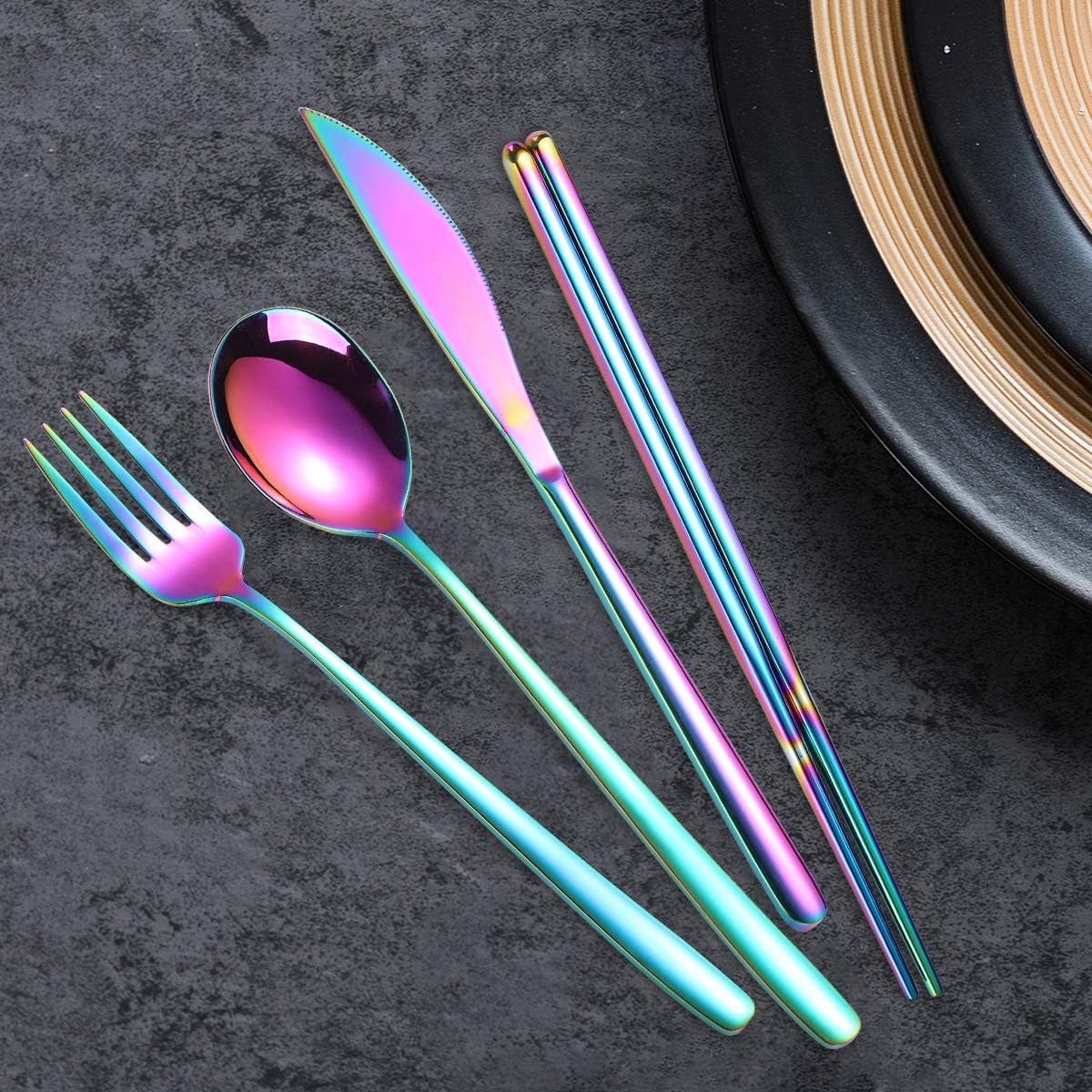 6 Pieces 18/8 Stainless Steel Flatware Set Portable Reusable Cutlery Set Travel Utensils Set Including Chopsticks Knife Fork Spoon Straws Cleaning Brush Dishwasher Safe (Rose Gold)