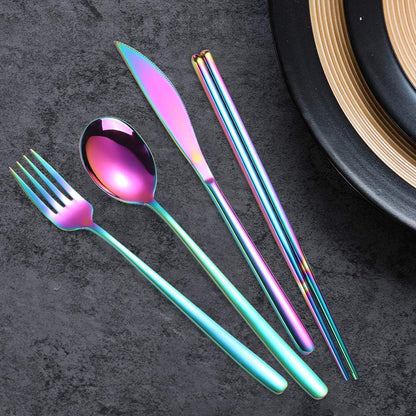 6 Pieces 18/8 Stainless Steel Flatware Set Portable Reusable Cutlery Set Travel Utensils Set Including Chopsticks Knife Fork Spoon Straws Cleaning Brush Dishwasher Safe (Rose Gold)