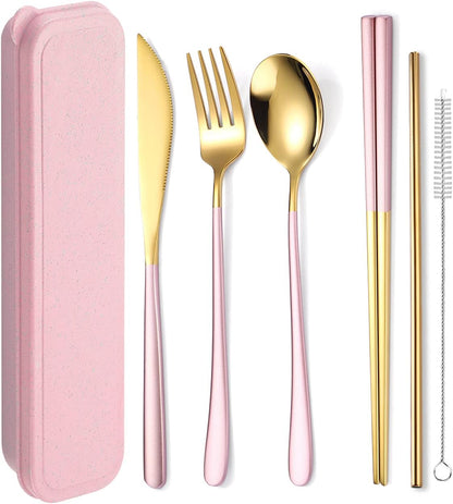 6 Pieces 18/8 Stainless Steel Flatware Set Portable Reusable Cutlery Set Travel Utensils Set Including Chopsticks Knife Fork Spoon Straws Cleaning Brush Dishwasher Safe (Rose Gold)