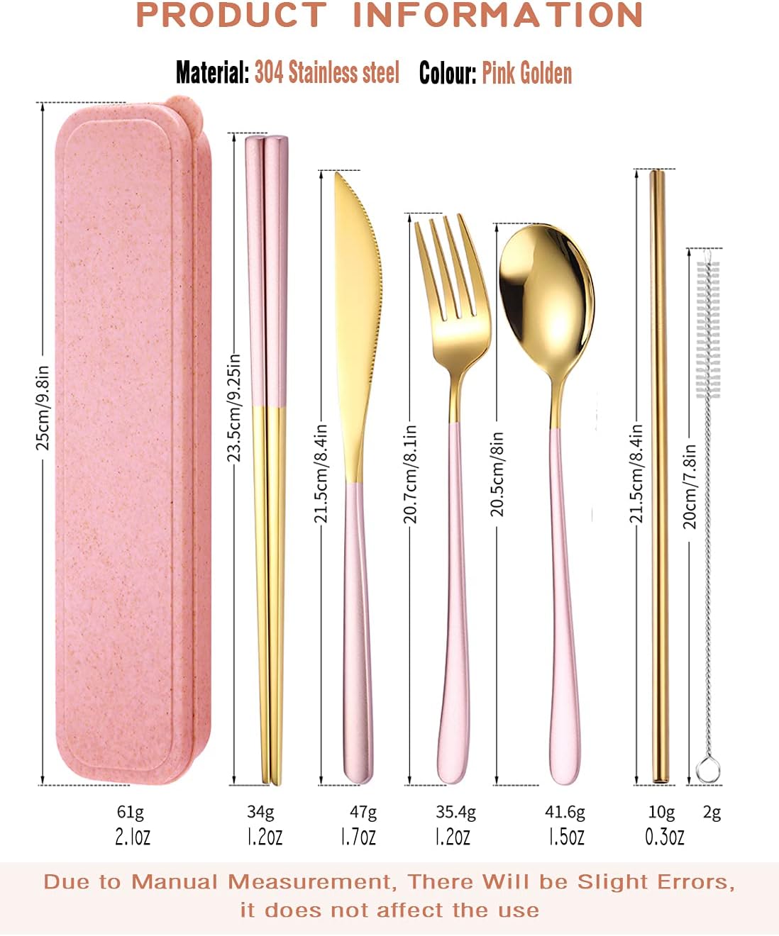 6 Pieces 18/8 Stainless Steel Flatware Set Portable Reusable Cutlery Set Travel Utensils Set Including Chopsticks Knife Fork Spoon Straws Cleaning Brush Dishwasher Safe (Rose Gold)
