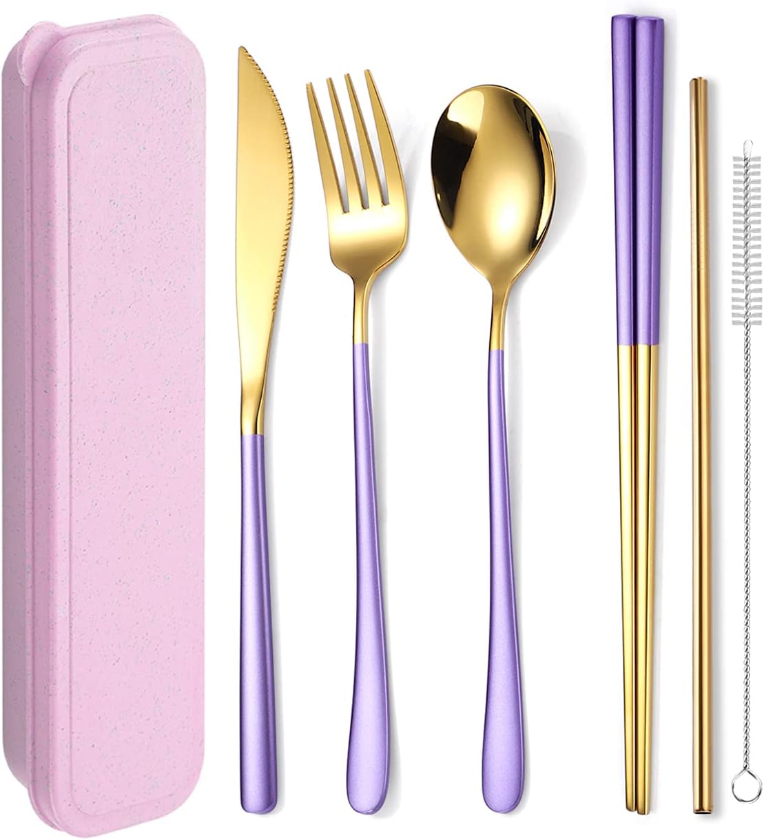 6 Pieces 18/8 Stainless Steel Flatware Set Portable Reusable Cutlery Set Travel Utensils Set Including Chopsticks Knife Fork Spoon Straws Cleaning Brush Dishwasher Safe (Rose Gold)