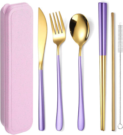 6 Pieces 18/8 Stainless Steel Flatware Set Portable Reusable Cutlery Set Travel Utensils Set Including Chopsticks Knife Fork Spoon Straws Cleaning Brush Dishwasher Safe (Rose Gold)