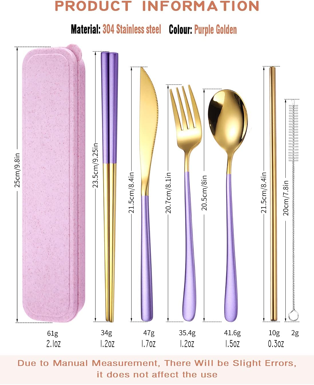 6 Pieces 18/8 Stainless Steel Flatware Set Portable Reusable Cutlery Set Travel Utensils Set Including Chopsticks Knife Fork Spoon Straws Cleaning Brush Dishwasher Safe (Rose Gold)