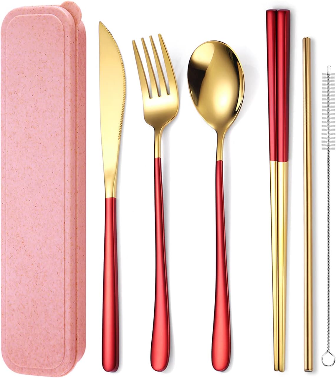6 Pieces 18/8 Stainless Steel Flatware Set Portable Reusable Cutlery Set Travel Utensils Set Including Chopsticks Knife Fork Spoon Straws Cleaning Brush Dishwasher Safe (Rose Gold)