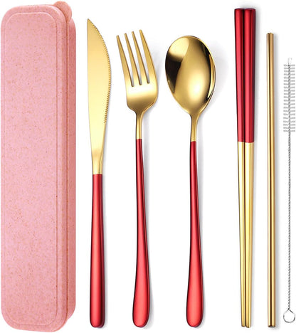 6 Pieces 18/8 Stainless Steel Flatware Set Portable Reusable Cutlery Set Travel Utensils Set Including Chopsticks Knife Fork Spoon Straws Cleaning Brush Dishwasher Safe (Rose Gold)
