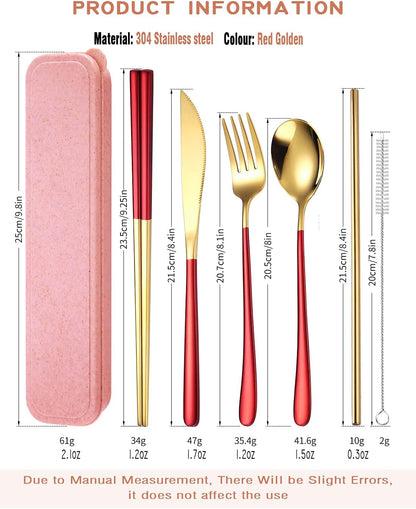 6 Pieces 18/8 Stainless Steel Flatware Set Portable Reusable Cutlery Set Travel Utensils Set Including Chopsticks Knife Fork Spoon Straws Cleaning Brush Dishwasher Safe (Rose Gold)