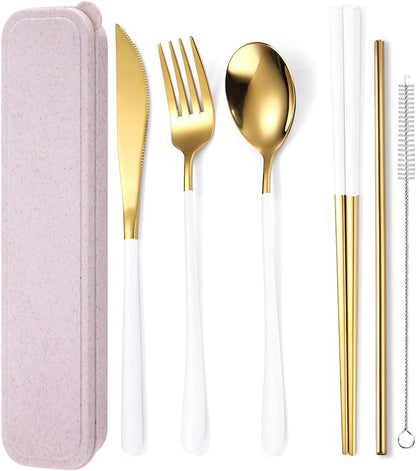 6 Pieces 18/8 Stainless Steel Flatware Set Portable Reusable Cutlery Set Travel Utensils Set Including Chopsticks Knife Fork Spoon Straws Cleaning Brush Dishwasher Safe (Rose Gold)