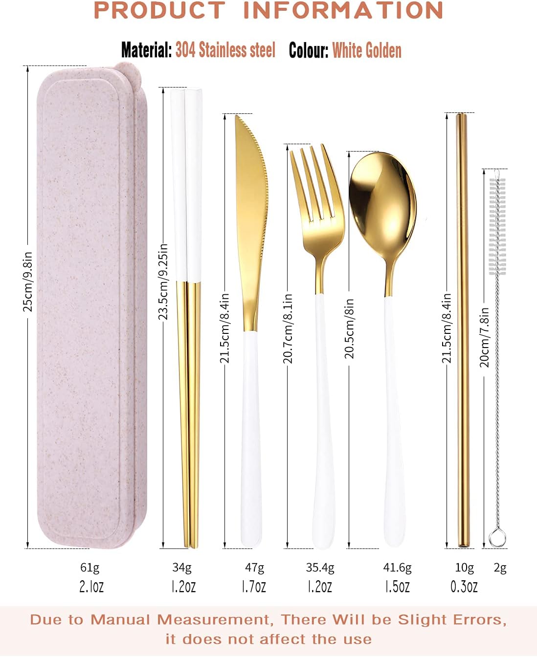 6 Pieces 18/8 Stainless Steel Flatware Set Portable Reusable Cutlery Set Travel Utensils Set Including Chopsticks Knife Fork Spoon Straws Cleaning Brush Dishwasher Safe (Rose Gold)