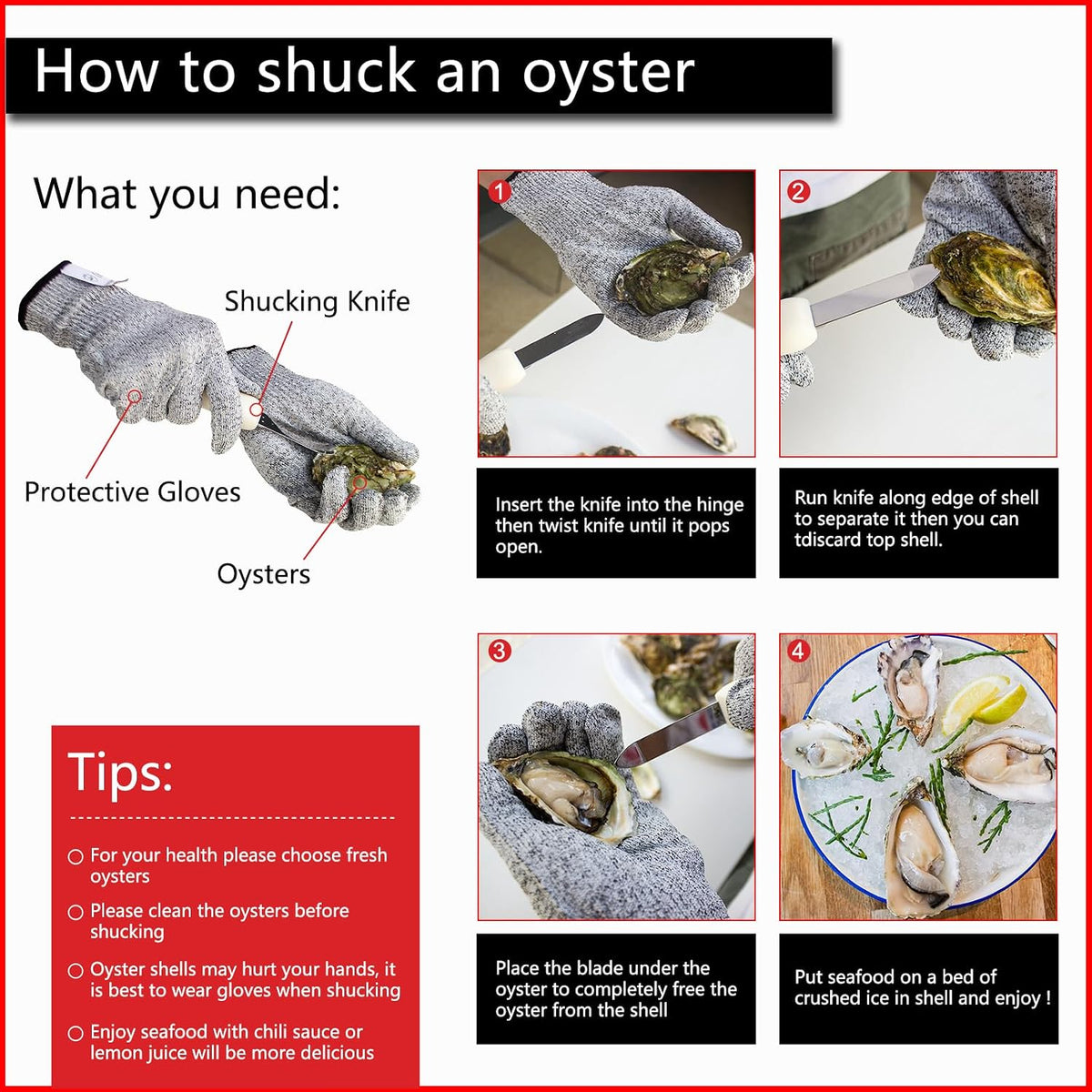 Oyster Shucking Knife, 2 Pack Oyster Knife Shucker Set with Professional Grade Cut Resistant Gloves, Stainless Steel Seafood Opener Tools