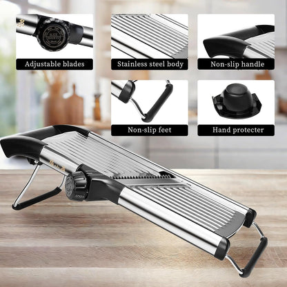 Adjustable Mandoline Slicer 5-in-1 Stainless Steel Vegetable Cutter with Ultra Sharp Blades, Julienne Slicer & Shredder for Potato, Onion