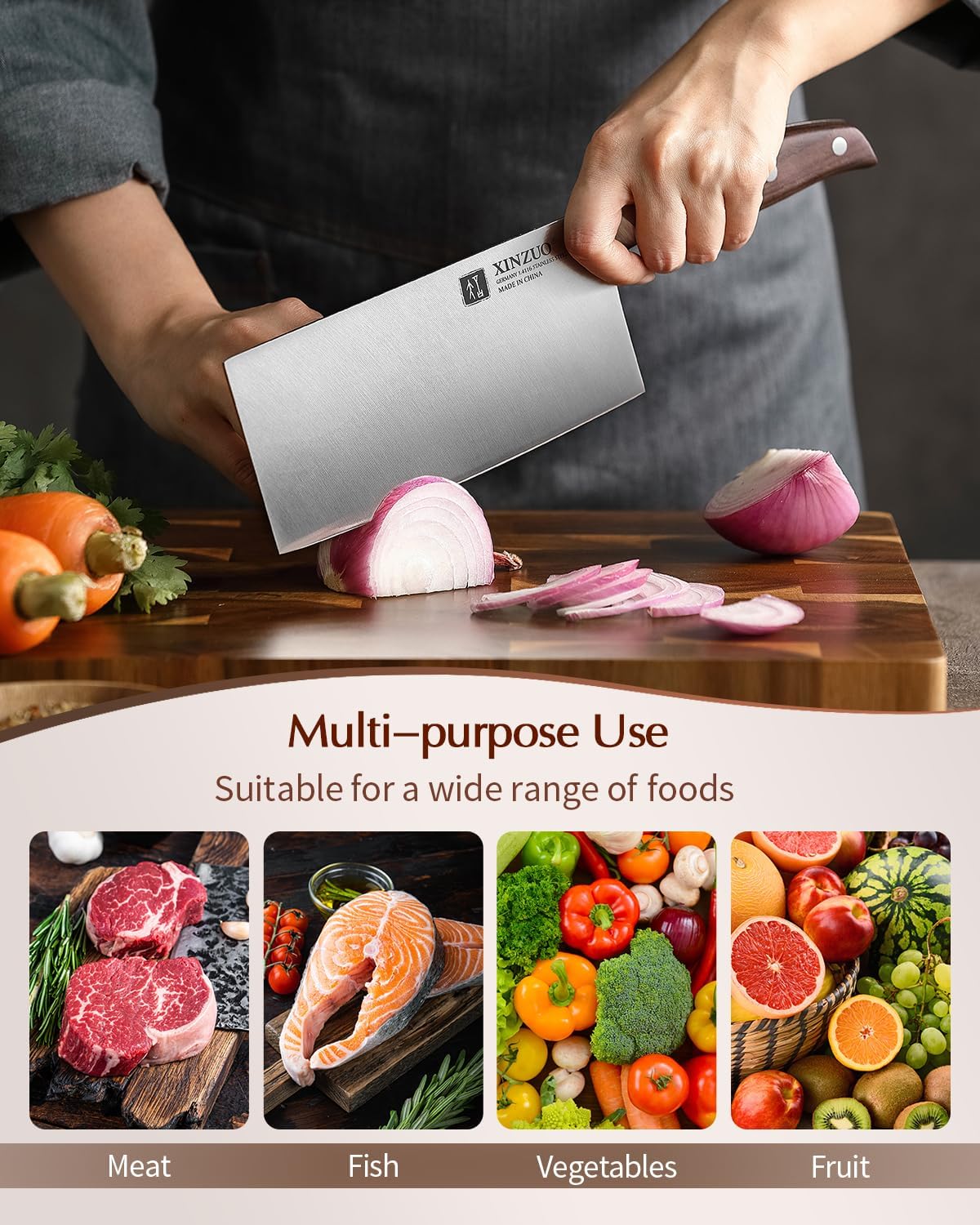 Meat Cleaver Knife, 7 Inches German Stainless Steel Chef Cleaver Knife,Vegetable Meat Cleaver,Multifunction Chopper Butcher Knife,Chinese Chef Knife, Ultra Sharp, Red Sandalwood Handle