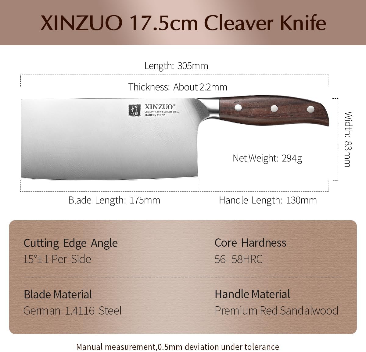 Meat Cleaver Knife, 7 Inches German Stainless Steel Chef Cleaver Knife,Vegetable Meat Cleaver,Multifunction Chopper Butcher Knife,Chinese Chef Knife, Ultra Sharp, Red Sandalwood Handle