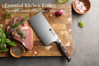 Meat Cleaver Knife, 7 Inches German Stainless Steel Chef Cleaver Knife,Vegetable Meat Cleaver,Multifunction Chopper Butcher Knife,Chinese Chef Knife, Ultra Sharp, Red Sandalwood Handle