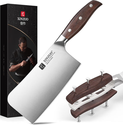 Meat Cleaver Knife, 7 Inches German Stainless Steel Chef Cleaver Knife,Vegetable Meat Cleaver,Multifunction Chopper Butcher Knife,Chinese Chef Knife, Ultra Sharp, Red Sandalwood Handle