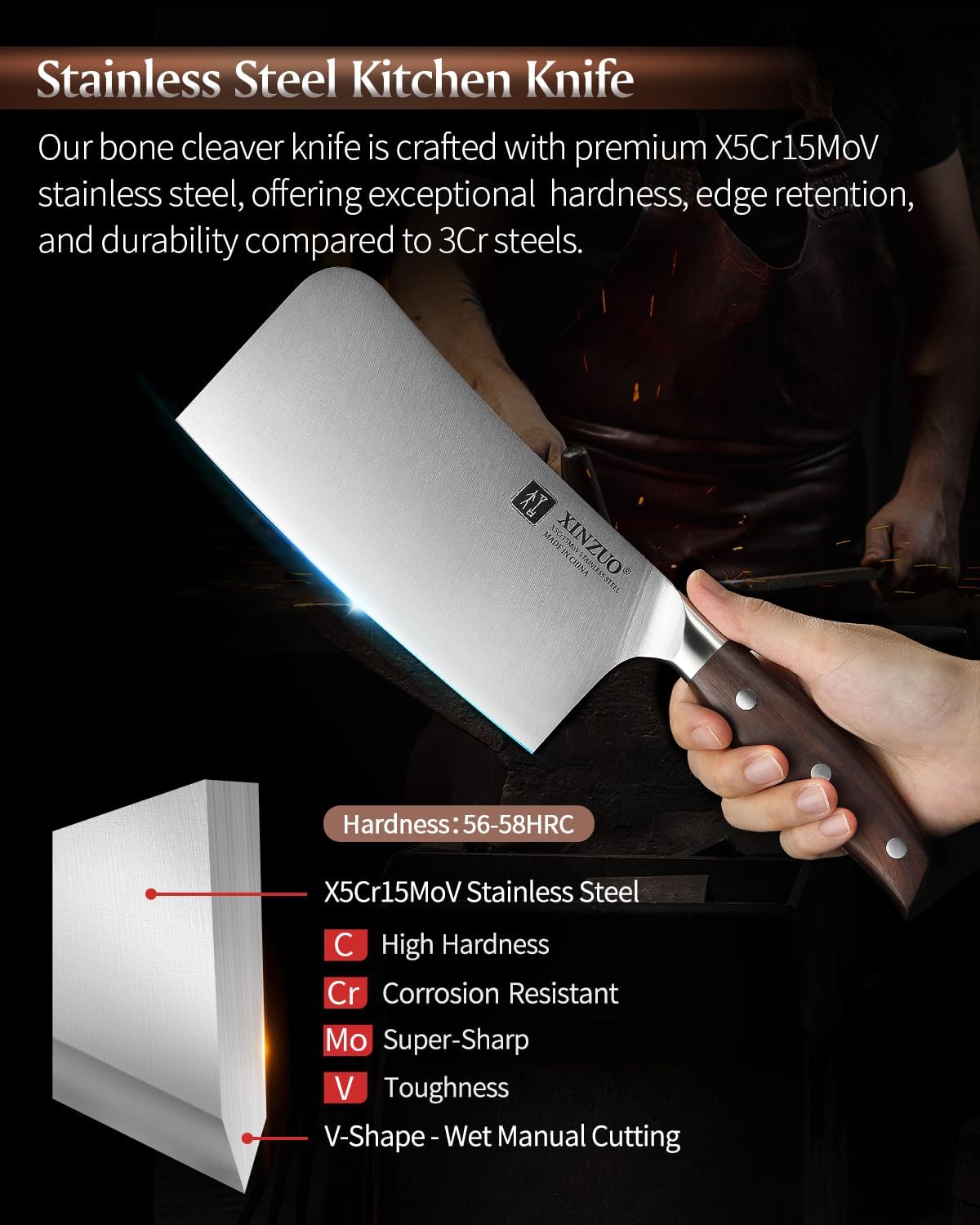 Meat Cleaver Knife, 7 Inches German Stainless Steel Chef Cleaver Knife,Vegetable Meat Cleaver,Multifunction Chopper Butcher Knife,Chinese Chef Knife, Ultra Sharp, Red Sandalwood Handle