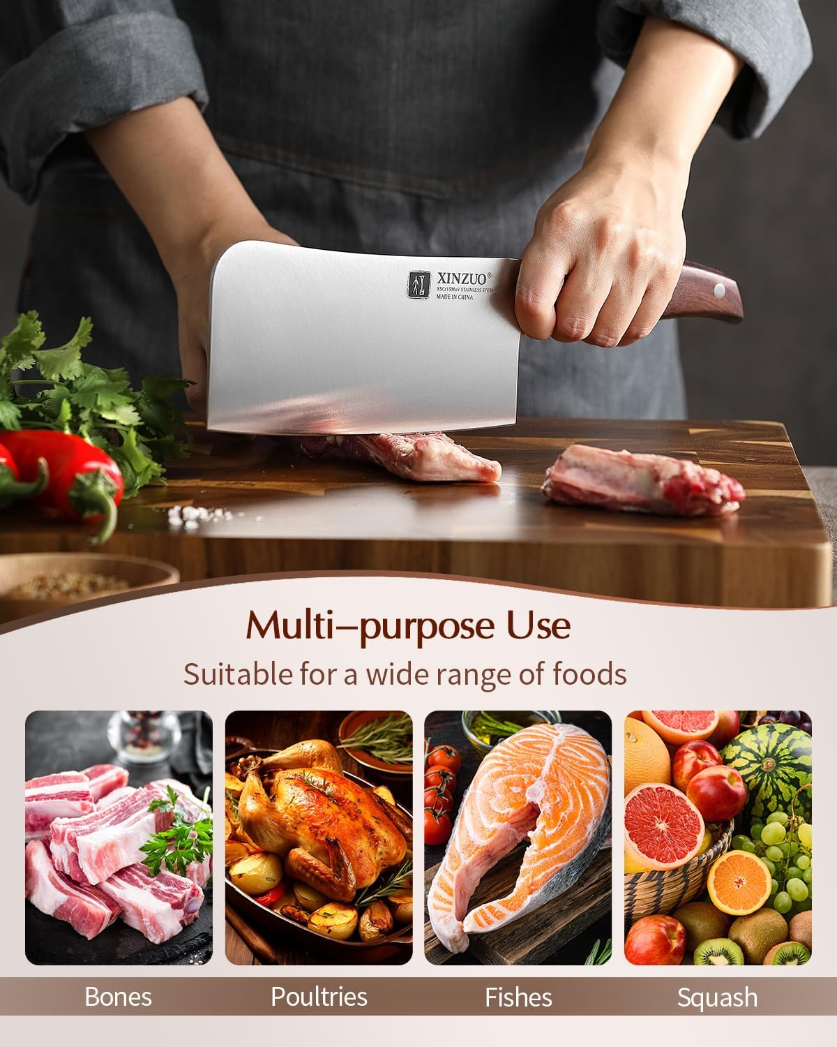 Meat Cleaver Knife, 7 Inches German Stainless Steel Chef Cleaver Knife,Vegetable Meat Cleaver,Multifunction Chopper Butcher Knife,Chinese Chef Knife, Ultra Sharp, Red Sandalwood Handle