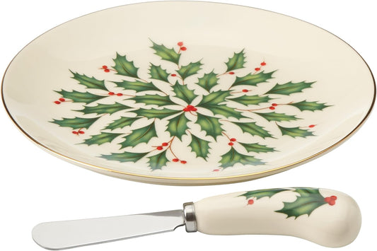 Serveware, Hosting The Holidays Cheese Plate & Knife Set, Service for 1, Ivory Porcelain, Dishwasher Safe, 6.75 Inch Diameter, Christmas Decorations, Christmas Decor (White/Green/Red, 2 Pieces)