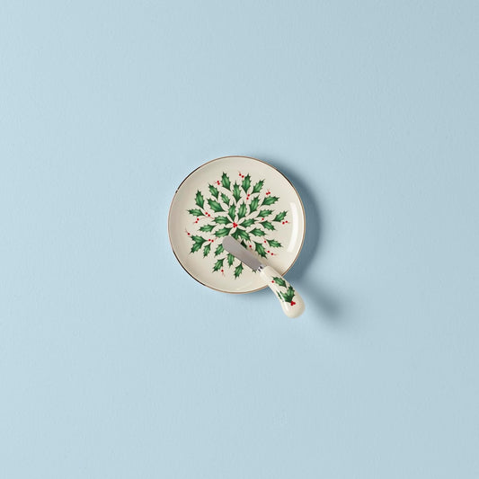 Serveware, Hosting The Holidays Cheese Plate & Knife Set, Service for 1, Ivory Porcelain, Dishwasher Safe, 6.75 Inch Diameter, Christmas Decorations, Christmas Decor (White/Green/Red, 2 Pieces)