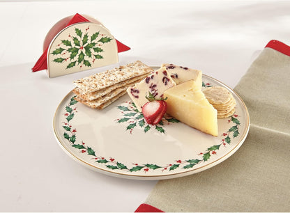 Serveware, Hosting The Holidays Cheese Plate & Knife Set, Service for 1, Ivory Porcelain, Dishwasher Safe, 6.75 Inch Diameter, Christmas Decorations, Christmas Decor (White/Green/Red, 2 Pieces)