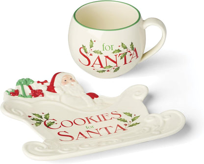 Serveware, Hosting The Holidays Cheese Plate & Knife Set, Service for 1, Ivory Porcelain, Dishwasher Safe, 6.75 Inch Diameter, Christmas Decorations, Christmas Decor (White/Green/Red, 2 Pieces)