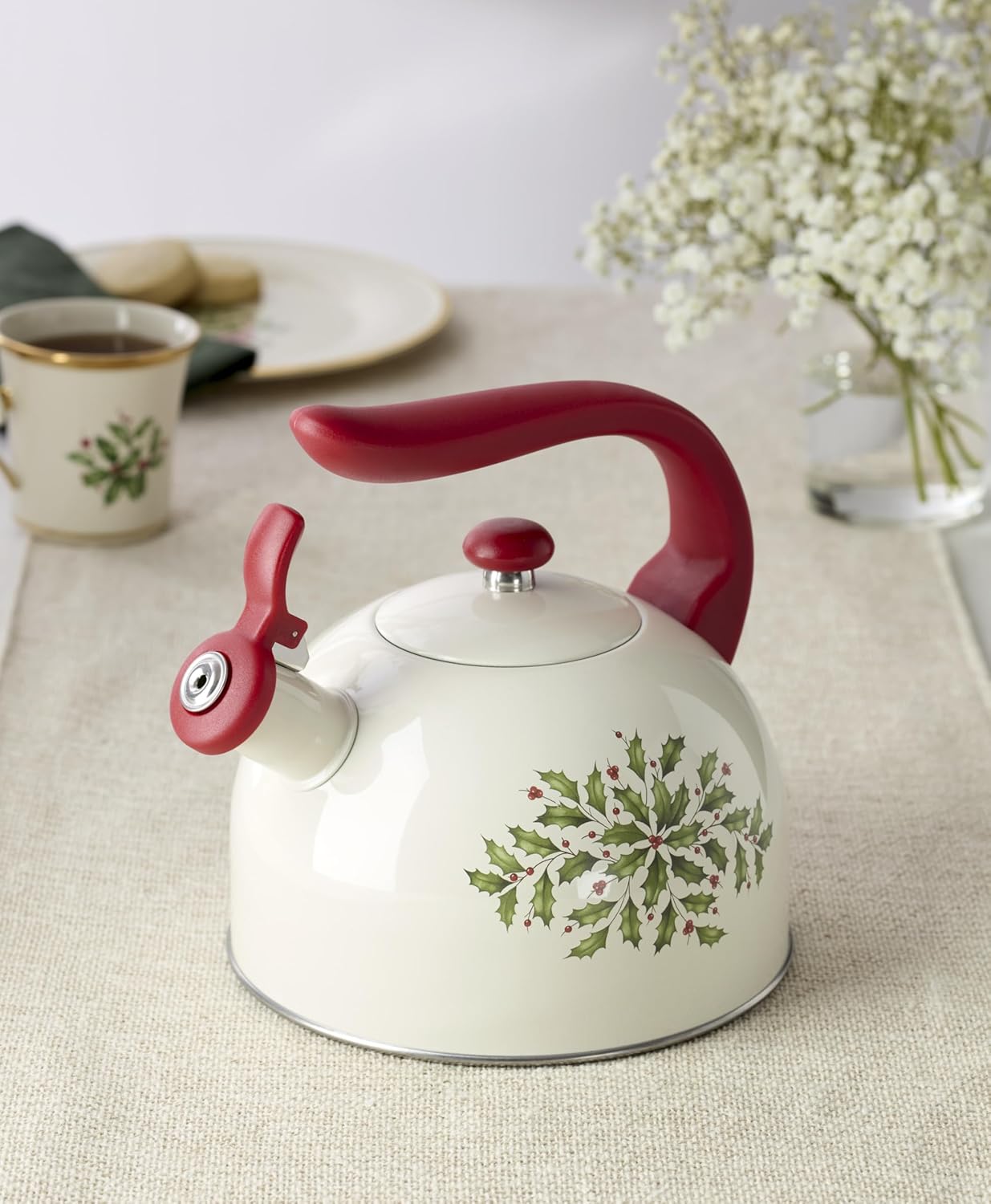 Serveware, Hosting The Holidays Cheese Plate & Knife Set, Service for 1, Ivory Porcelain, Dishwasher Safe, 6.75 Inch Diameter, Christmas Decorations, Christmas Decor (White/Green/Red, 2 Pieces)