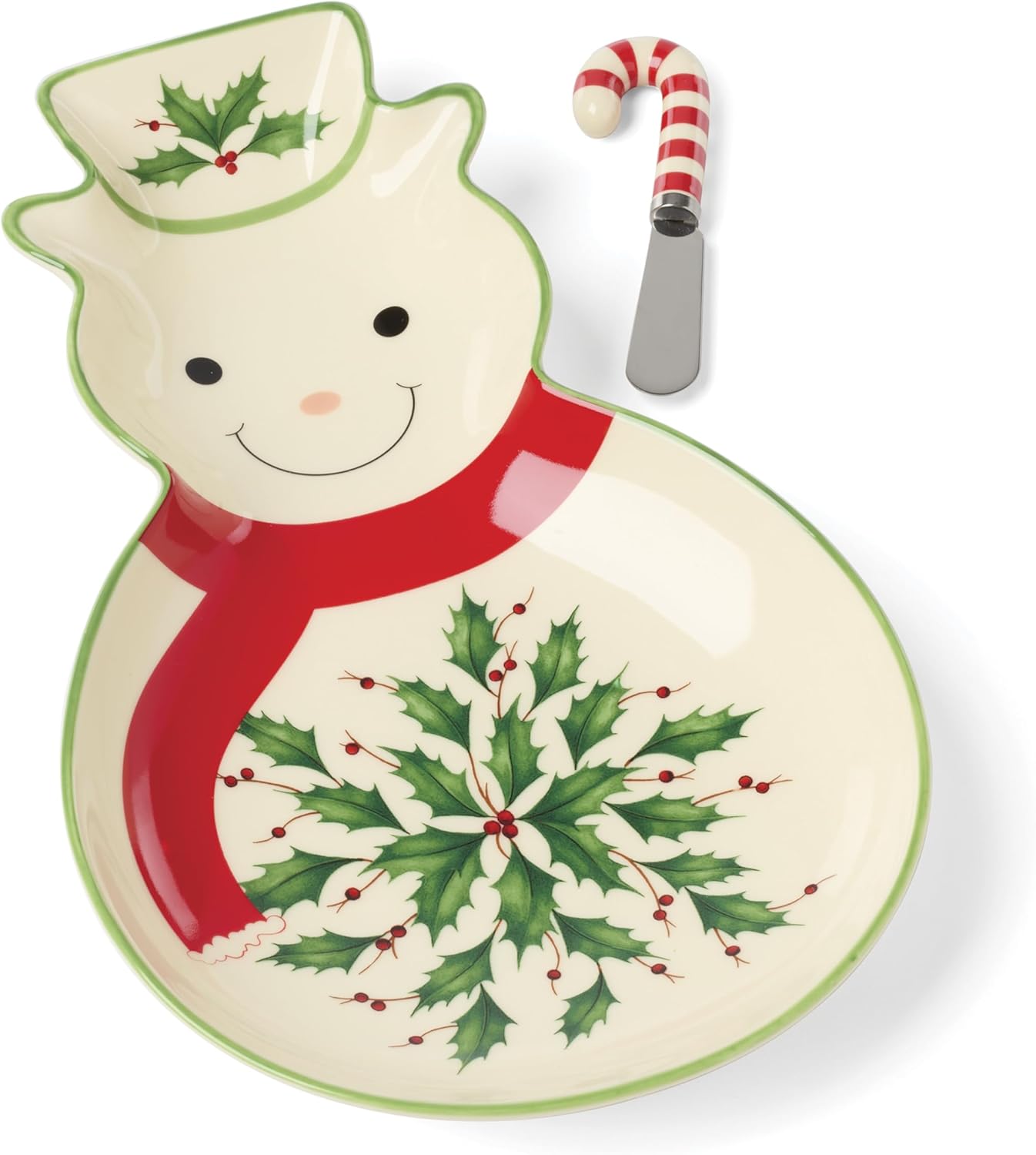 Serveware, Hosting The Holidays Cheese Plate & Knife Set, Service for 1, Ivory Porcelain, Dishwasher Safe, 6.75 Inch Diameter, Christmas Decorations, Christmas Decor (White/Green/Red, 2 Pieces)