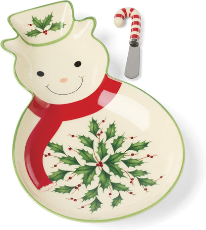 Serveware, Hosting The Holidays Cheese Plate & Knife Set, Service for 1, Ivory Porcelain, Dishwasher Safe, 6.75 Inch Diameter, Christmas Decorations, Christmas Decor (White/Green/Red, 2 Pieces)