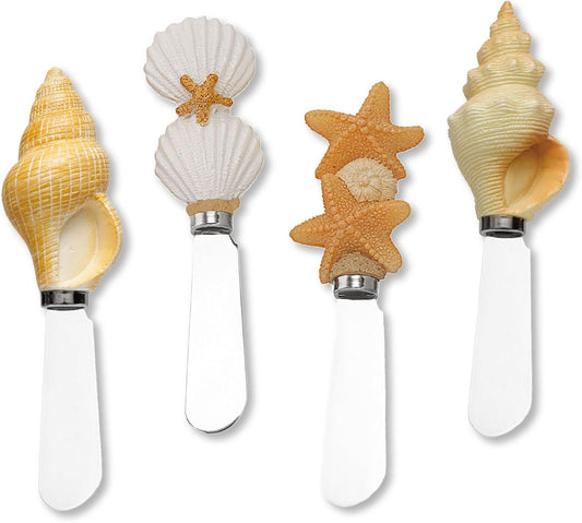 Seashell Cheese Spreaders, Hand-Painted Resin Handles with Stainless Steel Blades for Spreading Cream Cheese, Butter, and Jam, Assorted Designs, Set of 4