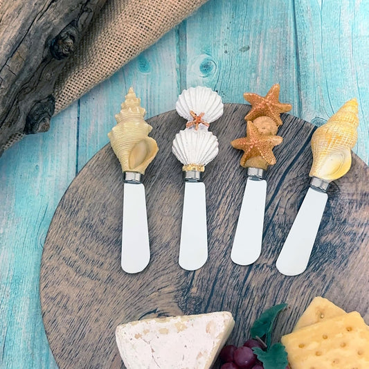Seashell Cheese Spreaders, Hand-Painted Resin Handles with Stainless Steel Blades for Spreading Cream Cheese, Butter, and Jam, Assorted Designs, Set of 4