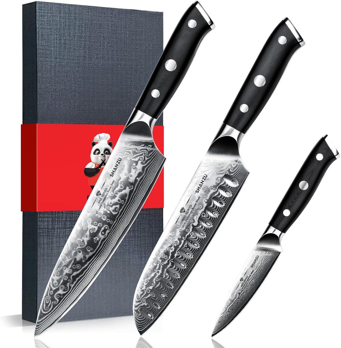Damascus Knife Set, Japanese Super Steel 3 PCS Damascus High Carbon Professional Ultra-Sharp Kitchen Chef Knife Set with G10 Handle Gift Box | Damascus High Carbon Professional Ultra-Sharp Kitchen Chef Knife Set with G10 Handle Gift Box